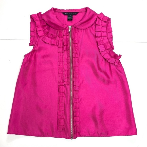 MARC by Marc Jacobs Silk Ruffle Cuffed Zip up Sleeveless Top in Fuchsia Pink - Picture 6 of 7